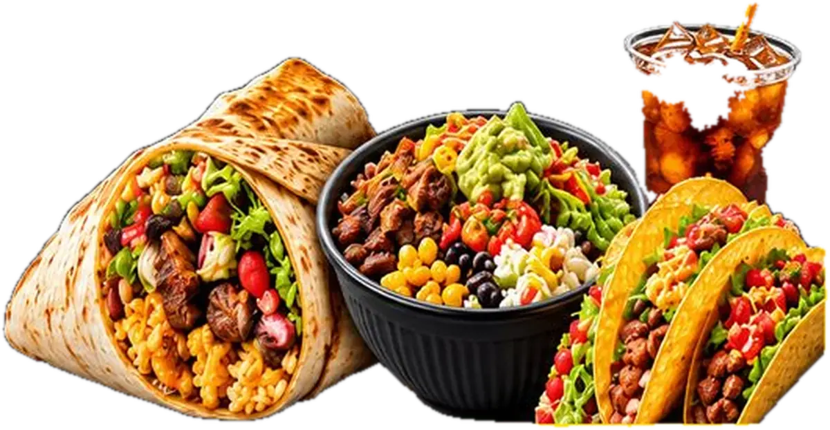A loaded burrito, a burrito bowl, crispy tacos and a cola